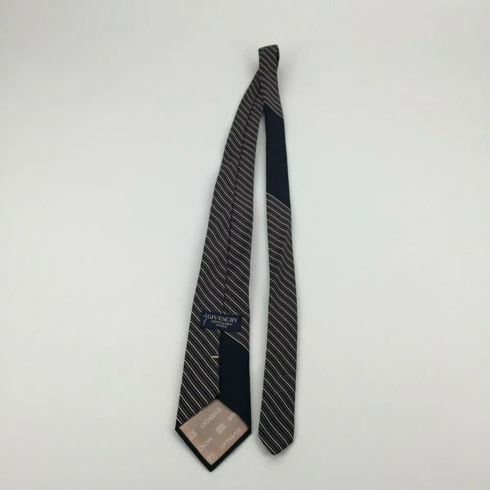 Vintage 1970s Givenchy Gentlemen Paris Tie Navy Blue Striped Skinny Necktie - Picture 3 of 12